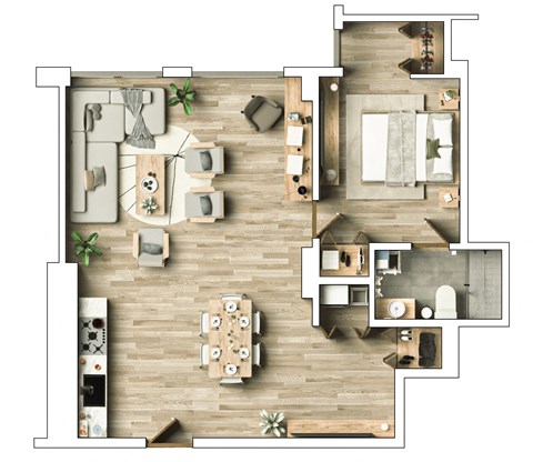 Floor plan for 1 bed, 1 bath, 643 sqft
